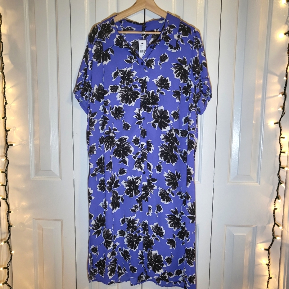 LANE BRYANT Floral Blue and Black Shirt Dress with Side Slit Size 18/20